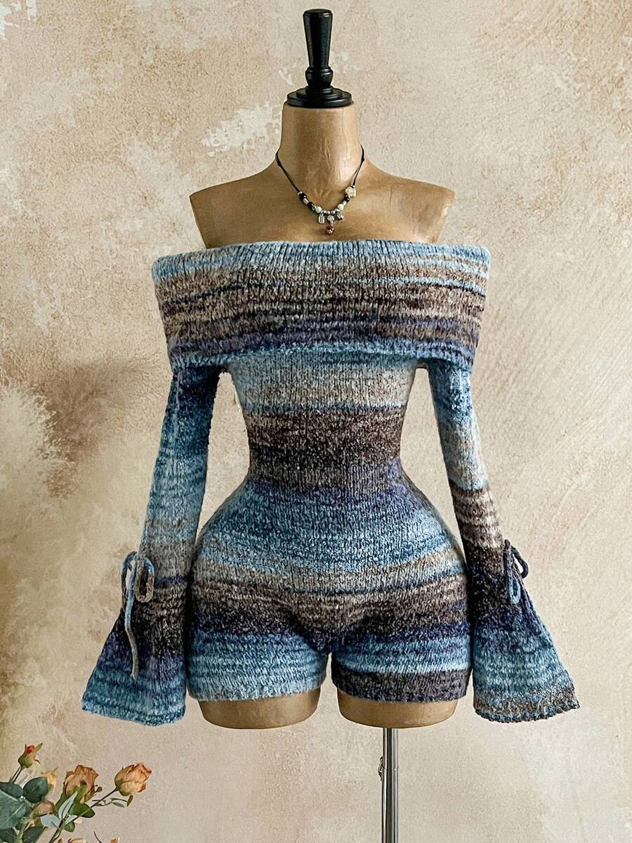 Soleia Casual Off Shoulder Flare Sleeve Tie Up Romper, Vintage Ombre Color, Autumn/Winter Off The Shoulder Playsuit Fall Women Clothes Winter Clothes  Korean Style  Sweaters For Women Fall Outfits For Women Off The Shoulder Bohemian Clothes For Women Sweater Jumpsuits - Multicolor - View 1