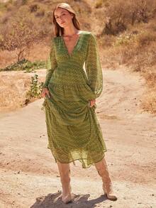 V 领花卉印花雪纺长袖层叠荷叶边开衩超长连衣裙休闲可爱秋季波西米亚风装西部乡村风 - 綠色 - 查看 3