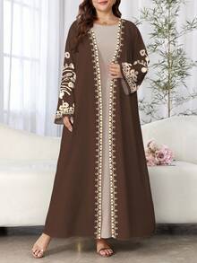 SHEIN Najma Plus Size Women's Floral Print Long Sleeve Casual Arabic Abaya Robe, Suitable For Spring And Autumn - Multicolor - View 3