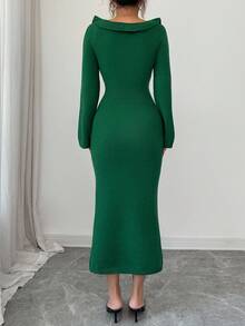 Elenzga Women's Autumn/Winter New U-Neck Floral Design Elegant Fitted Flare Sleeve Midi Knit Sweater Dress, Versatile For Daily Wear And Dates - Green - View 4
