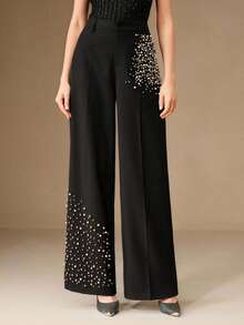 Anewsta 时尚女式串珠口袋宽腿宽松裤 - 黑色 - 查看 3