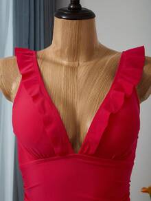 Bellisia 女士纯色细肩带连体泳衣，夏季时尚 - 紅色 - 查看 4