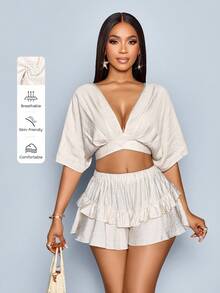 SOLERSUN 春夏女装日常休闲沙滩度假杏色梭织面料松紧聚拢腰带荷叶边装饰A字短裤 - 杏色 - 查看 1