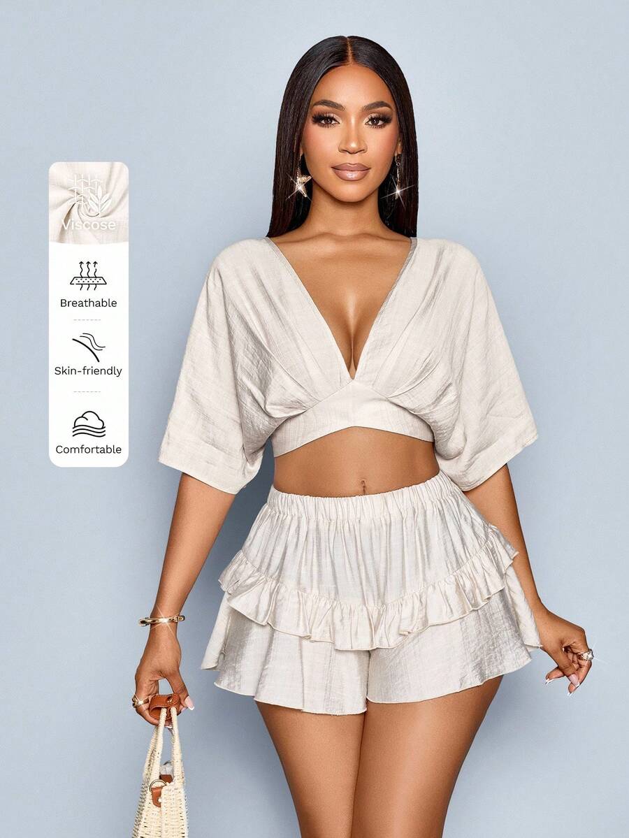 SOLERSUN 春夏女装日常休闲沙滩度假杏色梭织面料松紧聚拢腰带荷叶边装饰A字短裤 - 杏色 - 查看 1