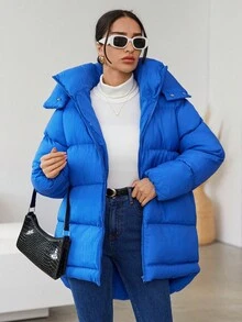 EURMUSE Zip Up Snap Button Hooded Puffer Coat - Blue - View 5