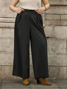 SHEIN LUNE Plus Size Women's Straight Leg Pants, Slimming, High Waist, Casual, Versatile - Black - View 5