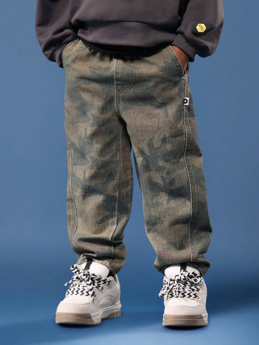 SUMWON Cotton Kids Pull On Camouflage Print Barrel Jeans Relaxed Fit Autumn Winter Denim Pants With New York Logo Print Comfort Waistband Fall - Army Green - View 1