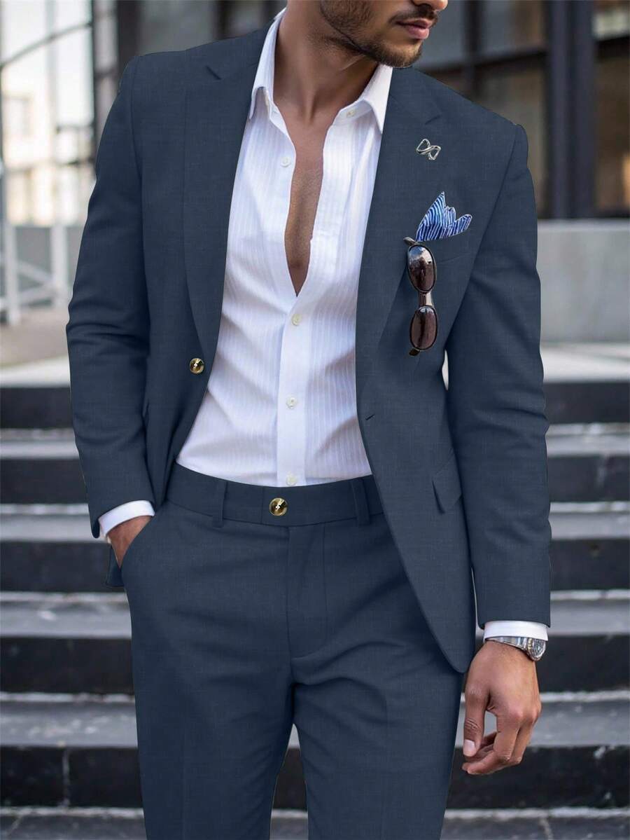 Calvornis 男士休闲商务两件套西装，纯色西装套装夹克和裤子，简约时尚休闲日常穿着婚礼西装舞会西装男士，适合情人节周年纪念日等场合，是送给男朋友或丈夫的绝佳礼物。 - 藏蓝色 - 查看 1