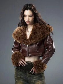 Bloopia Retro American Mirage Sexy Lady Thời trang giản dị tối giản dành cho nữ cổ chữ V sâu, cổ lông giả, tay dài, áo khoác da PU có khóa kéo, thích hợp cho mùa thu/đông và Halloween - màu nâu - Xem 3