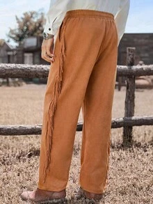 Manfinity Nomadique Quần dài thường ngày nam, quần dài tua rua INS Retro, vải da lộn, thích hợp mặc hàng ngày và dự tiệc, quà tặng thiết yếu cho bản thân hoặc bạn trai/chồng, Y2K, Thu Đông - màu nâu - Xem 2
