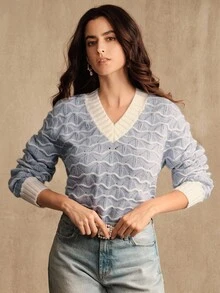 Anewsta 女士浅蓝色纹理毛衣，冬季时尚设计 - 淺藍色 - 查看 1