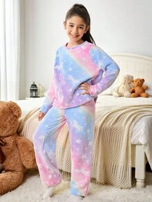 SHEIN Tween 女孩秋冬毛绒珊瑚绒睡衣套装，可爱卡通独角兽，星星和扎染印花，反光印花，柔软舒适，舒适法兰绒家居服，两件套睡衣套装 - 彩色 - 查看 6