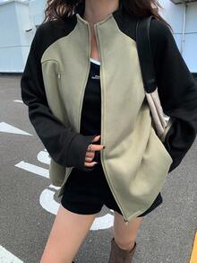 DAZY 女式撞色宽松立领长袖休闲羊毛夹克秋冬 - 軍綠色 - 查看 6