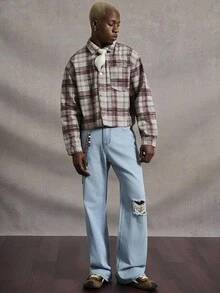Manfinity Roghcode Men's Plaid Long Sleeve Denim Jacket & Distressed Jeans Set,Light Blue,Autumn,Streetwear,City Break,Back-To-School Single-Breasted Loose Wide Leg Suit - Multicolor - View 6