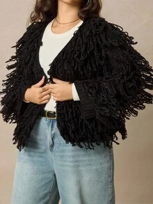 Juhart 大码纯色流苏开衫，适合通勤 - 黑色 - 查看 7