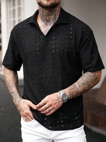 Manfinity Homme Men's Knitted Hollow Textured Black POLO Shirt Men Knitted Shirt - Black - View 5