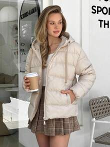 Cloudara 拉链抽绳连帽冬季大衣 - 米色 - 查看 3