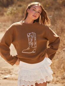 WESTFADE 牛仔女牛仔西部靴圆领长袖宽松针织毛衣休闲可爱秋季西部风波西米亚风 - 棕色 - 查看 1