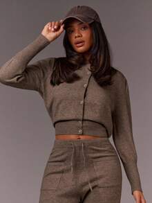 Athîral 女士休闲纯色短款开衫和针织裤两件套，秋冬 - 咖啡棕 - 查看 3