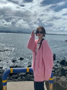 DAZY Women's Solid Color V-Neck Casual Long Sleeve Cardigan, Autumn/Winter School - Pink - View 10