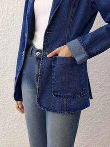 Selenza 女式秋季翻领长袖单排扣休闲牛仔西装外套 - 藍色 - 查看 6
