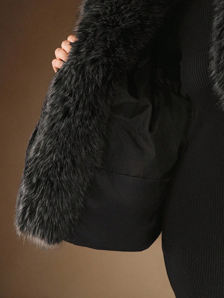 플러스플러스 사이즈 여성 고급 인조 모피 칼라 니트 슬리브 두꺼운 재킷, 가을, 가을, 겨울, 외출, 우아한, 포멀, 파티, 시크, 새해, 여성 겨울 코트, 크리스마스, 직장, 졸업에 적합