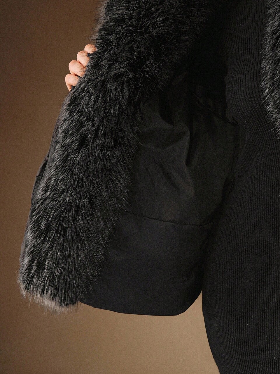Plus Size Women's Luxury Faux Fur Collar Knitted Sleeve Thick Jacket,Black,Winter,Elegant,Formal,Evening,Chic Christmas Party New Year Coat For Work