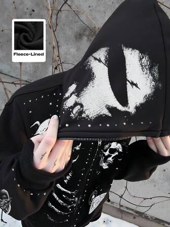 Street Life Herren Mode Totenkopf Muster Reißverschluss Schwarz Hoodie, Herbst Winter