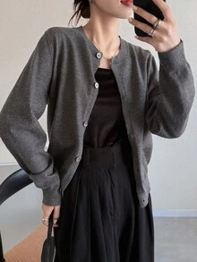 FRIFUL Áo khoác cardigan dệt kim dáng rộng màu xám đậm đơn giản dành cho nữ, đa năng cho mùa thu - Màu xám đen - Xem 3
