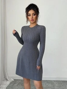 Elenzga Women's Casual Braided Knit A-Line Sweater Dress - Grey - View 1