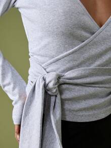 MISSGUIDED 棉质混纺灰色罗纹裹身长袖上衣（侧系带设计） - 灰色 - 查看 2