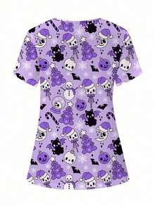 PopScrub 女士 V 领短袖全印花制服磨砂上衣 - 紫色 - 查看 2