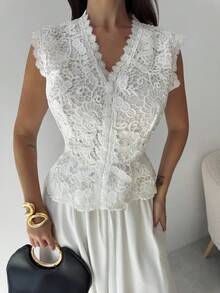 Firerie 女士优雅蕾丝V领短袖上衣和A字裙套装 - 白色 - 查看 7
