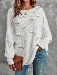 EMERY ROSE Áo len chui đầu dài tay cổ tròn màu trơn dáng rộng thoải mái cho nữ, mùa thu - trắng - Xem 4