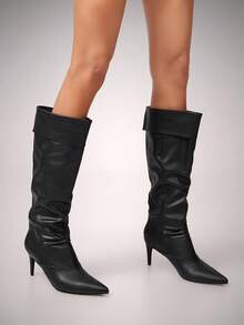 SHUZIA Women's Glamorous Sexy Pointy Toe Kitten Heel Knee-High Slouchy Boots - Black - View 3