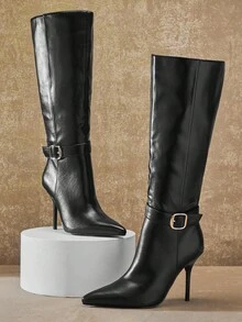 SHUZIA Glamorous Women's Black Faux Leather Pu Knee High Gold-Tone Hardware Pointed Toe High Heel Boot Fall Winter Holiday Shoe - Black - View 1