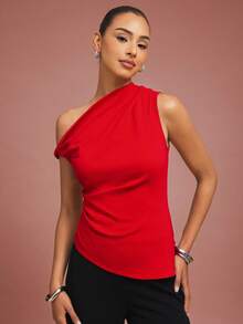 L'Amorae Women's Elegant Solid Color Asymmetric Top, Summer - Red - View 3