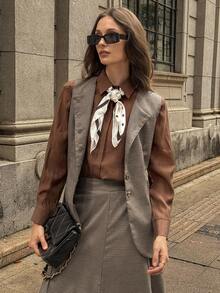 DAZY 2件套女士千鸟格无袖夹克和A字裙休闲套装，秋冬 - 棕色 - 查看 8