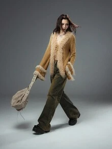 Bloopia 复古性感波西米亚风女秋冬万圣节毛绒领喇叭袖针织开衫 - 卡其色 - 查看 8