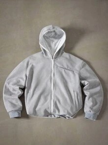 Manfinity Roghcode Manfinity Streetrush Men's Solid Color Hooded Casual Zip-Up Grey Jacket, Fall Winter - Light Grey - View 3