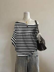 Attitoon 黑色和灰色条纹休闲宽松超大落肩短袖 T 恤女士，适合外出，风格核心美学，美学风格，哥特式网络符号主义，网络符号主义，万圣节，Y2K，街头服饰，复古，垃圾摇滚，朋克，返校节 - 彩色 - 查看 5