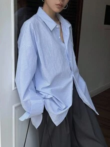 DAZY Áo sơ mi nữ dáng rộng kẻ sọc thường ngày đi học tay dài - trắng - Xem 3