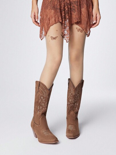 Fairycore Women's Brown Cowboy Boots, Khaki Outdoor Casual Fashion Embroidered Faux Suede Western Boots, Mid-Calf, Spring/Autumn