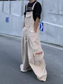 Manfinity Roghcode Men's Khaki Casual Denim Bib Overalls Washed Loose Wide Leg Hiking Going Out For Cargo Overalls - Khaki - View 3