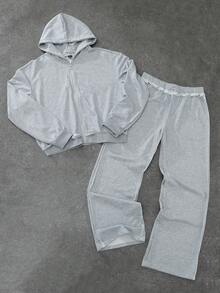 Manfinity Roghcode Conjunto de sudadera con capucha para hombre, sudadera y pantalón de chándal a juego, diseño deshilachado, conjunto gris jaspeado, sudadera corta, cintura elástica, atuendo casual para ir al trabajo o a la escuela, excelente regalo para amigos en otoño/invierno - Gris - Ver 1
