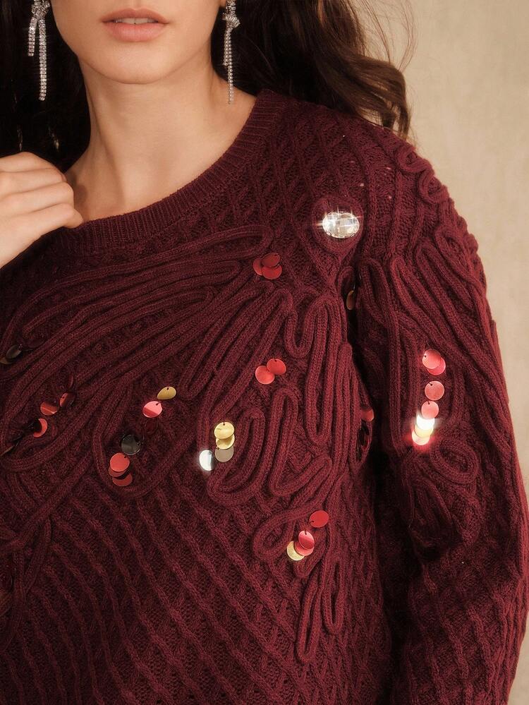Women's Elegant Loose Knit Sweater, Handmade Rope Embroidery & Sequin Decor, Round Neck Long Sleeve, Wine Red, Suitable For Fall, Winter, New Year, Party, Wedding, Elegant, Chic, Stylish, Christmas, Festival, Going Out