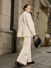 Calvaya Plus Size Women 2 Pieces Set,White,Autumn,Elegant,Semi Formal Office Wear Long Sleeve Button Suit Jacket And Straight Leg Pants Business Casual Outfit - Apricot - View 2
