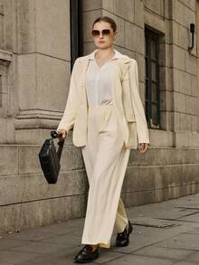 Calvaya Plus Size Women 2 Pieces Set,White,Autumn,Elegant,Semi Formal Office Wear Long Sleeve Button Suit Jacket And Straight Leg Pants Business Casual Outfit - Apricot - View 5