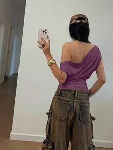 StreetHx Áo thun nữ thời trang xếp ly lệch vai, ôm sát, in số - Màu tím - Xem 2