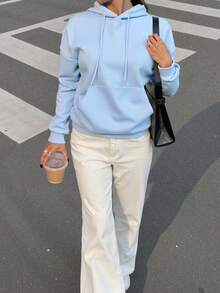 SHEIN 标语图案落肩抽绳保暖连帽套头衫（秋季款） - 淺藍色 - 查看 7